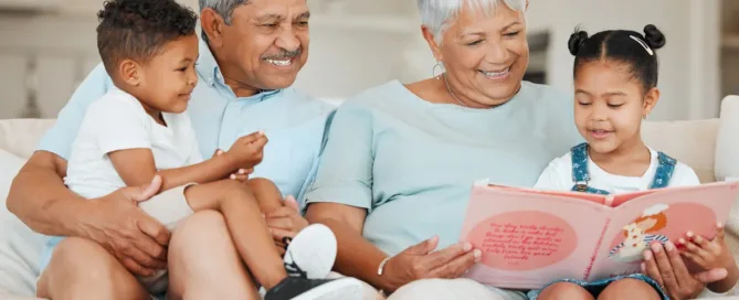 Senior couple with family members showing how family involvement supports care in assisted living at Asbury Place Steadman Hill in Kingsport Tennessee